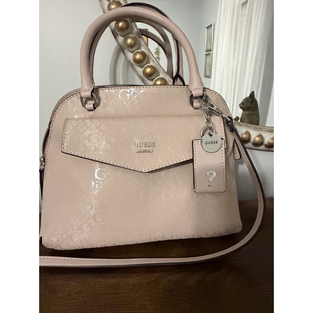 GUESS Shiny‎ Blush Pink Logo Satchel Crossbody Dome Bag Charm Medium